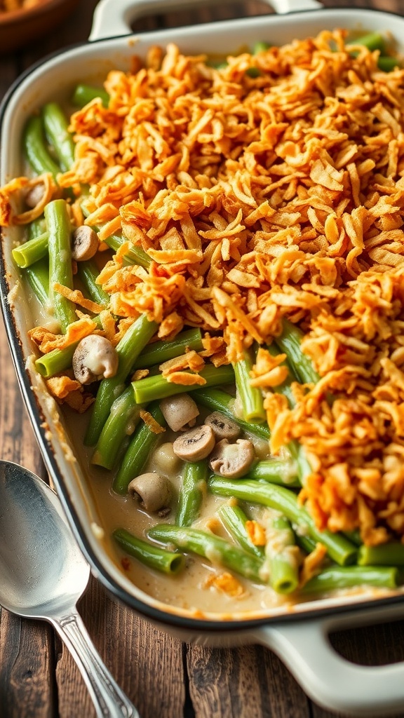 A baked green bean casserole in a 9x13 dish, topped with fried onions, on a wooden table.